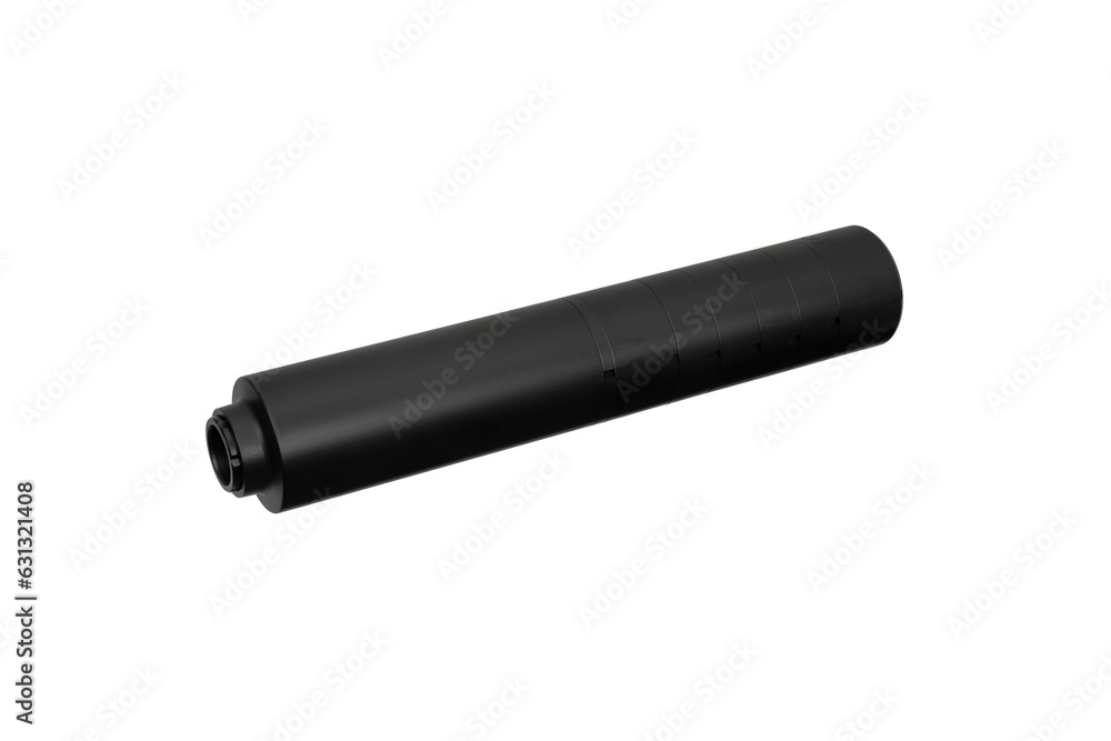 Black silencer for weapons. Suppressor that is at the end of an assault rifle. Isolate on a white back. Black silencer for weapons. Suppressor that is at the end of an assault rifle. Isolate on a white back.