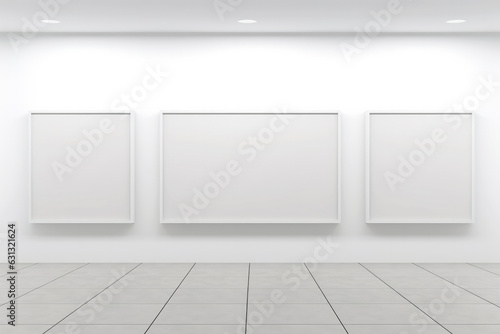 Three empty frames of different sizes on white wall, mockup for art or design concepts © ChaoticDesignStudio