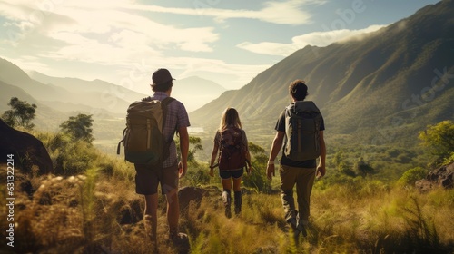 Group of happy friends explore nature outdoors, tourism, travel, backpack camping hiking journey travel trek concept, with blurred background, Generative AI illustration