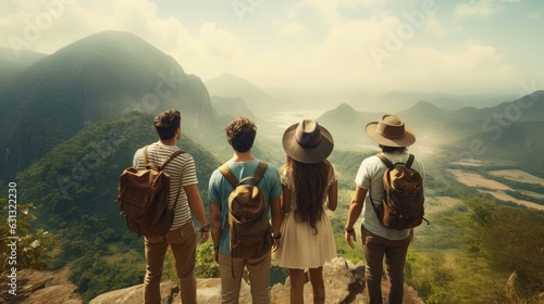 Group of happy friends explore nature outdoors, tourism, travel, backpack camping hiking journey travel trek concept, with blurred background, Generative AI illustration
