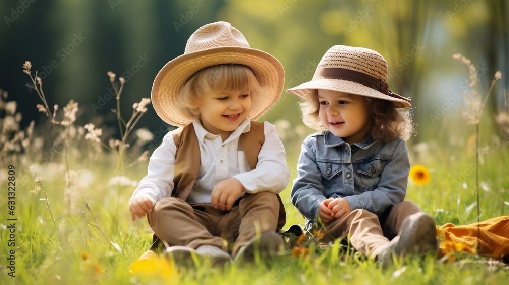 Cute children sitting on grass, sunny outdoors Cute children sitting on grass, sunny outdoors