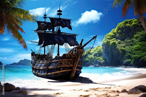 Pirate ship on tropical island. Ai art