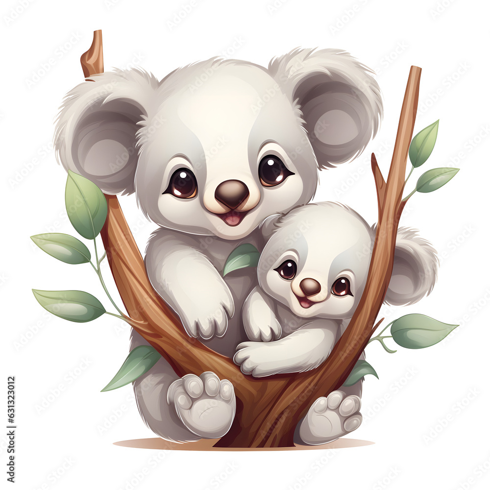 Cartoon clipart of smiling baby koalas hugging tree branches Stock