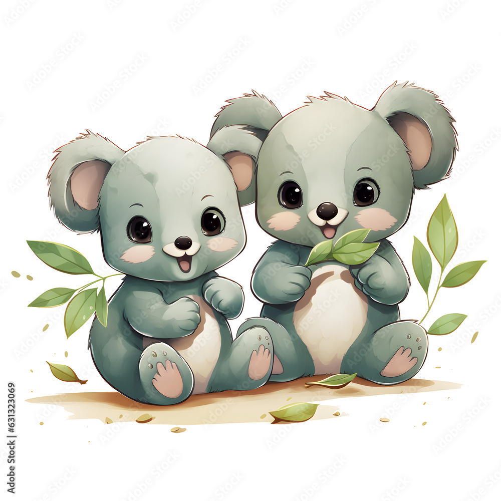 Cartoon clipart of happy baby koalas eating eucalyptus leaves Stock