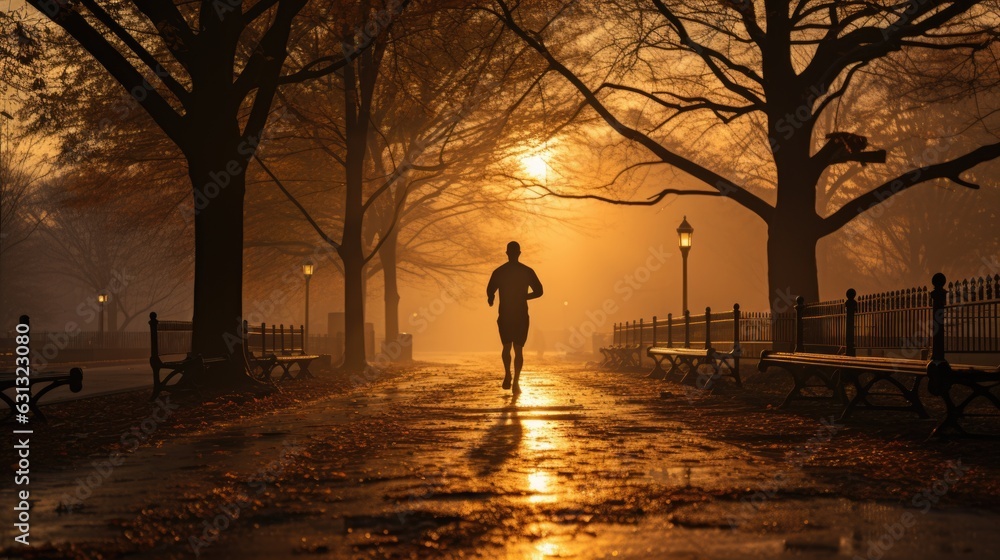 beautiful park with a running man in the morning sunrise. beautiful park with a running man in the morning sunrise.