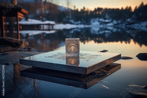 Wood board and lake background. Post Card,  presentation, product displacement with scenic lake view as background. photo