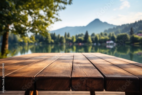 Wood board and lake background. Post Card,  presentation, product displacement with scenic lake view as background.