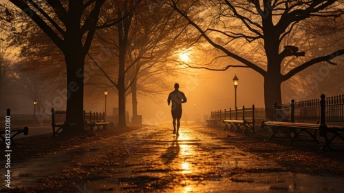 beautiful park with a running man in the morning sunrise. © ANEK