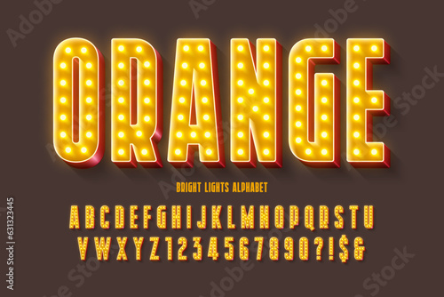 Retro cinema alphabet design, cabaret, LED lamps letters and numbers.