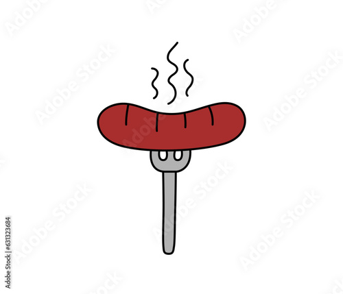 Hot sausage on fork vector isolated doodle element. Outline illustration of meat food. Hand drawn cute colorful doodles.