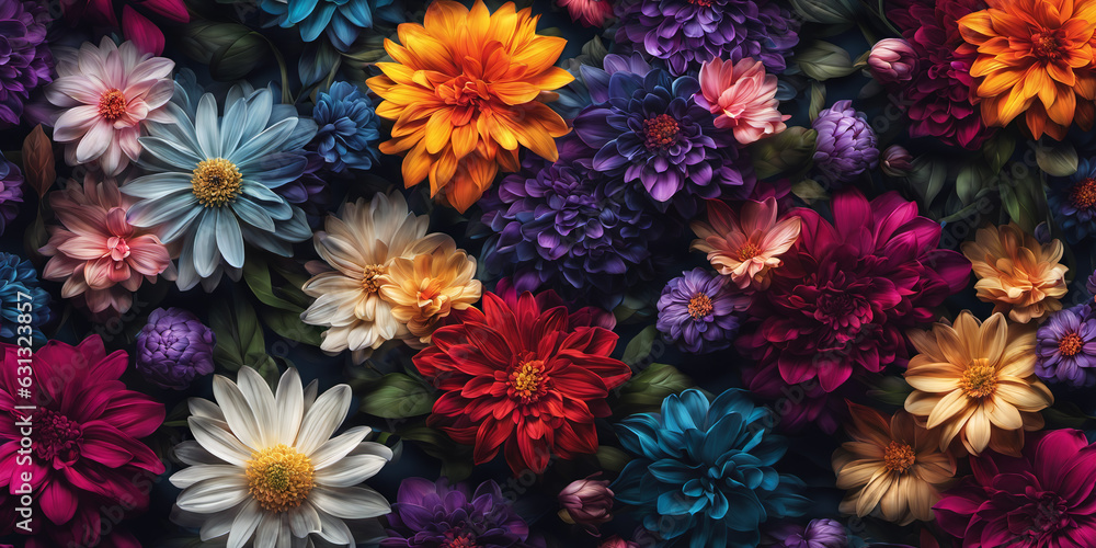 Fototapeta premium Colorful background of many bright flowers of different types. Nature illustration. Generative AI