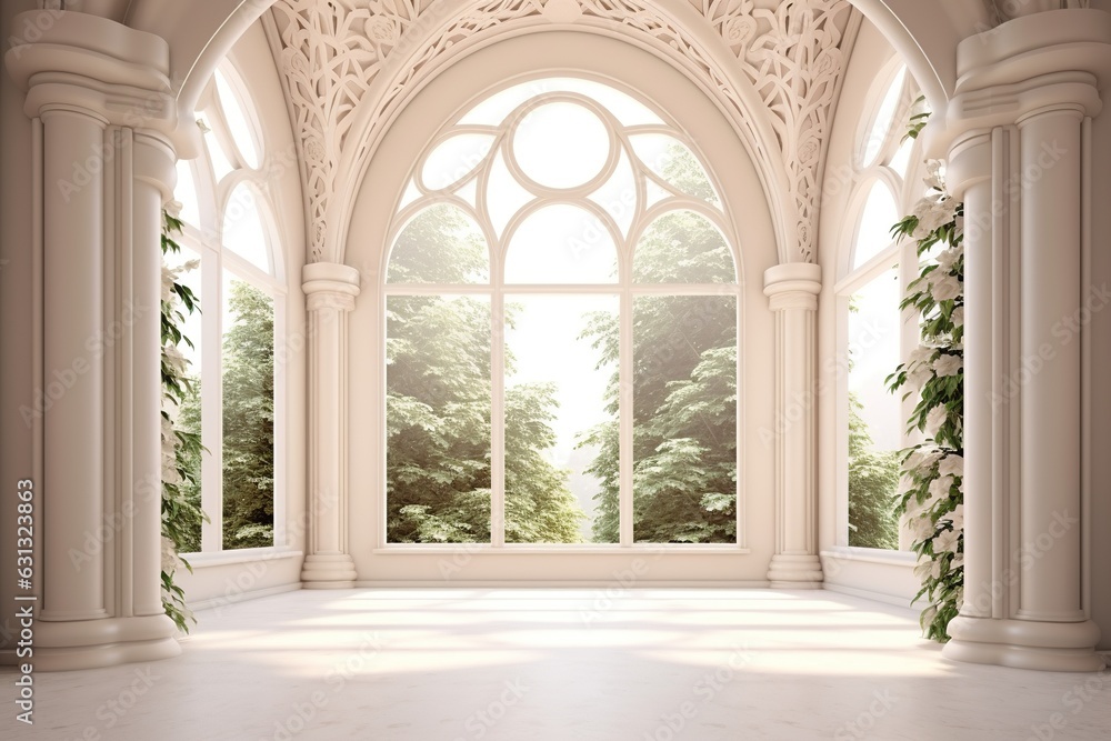 Interior Design of a Huge Mansion with the Style of a Monaster, Some Vegetation and Plants. Generative AI. Interior Design of a Huge Mansion with the Style of a Monaster, Some Vegetation and Plants. Generative AI.