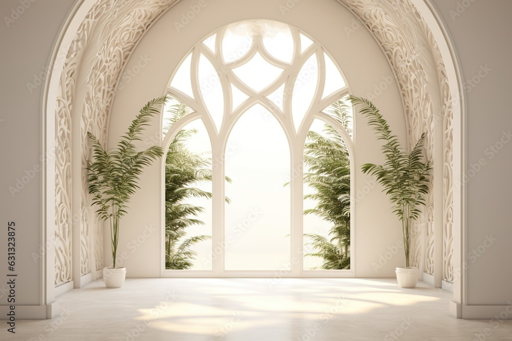 Interior Design of a Huge Mansion with the Style of a Monaster, Some Vegetation and Plants. Generative AI.