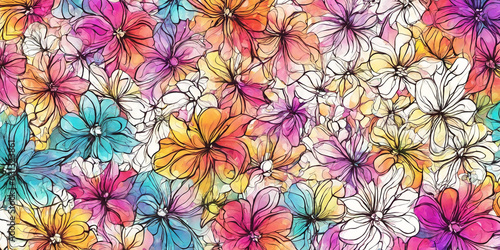 Background of many painted flowers. Nature illustration. Generative AI
