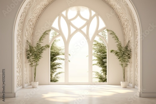 Interior Design of a Huge Mansion with the Style of a Monaster  Some Vegetation and Plants. Generative AI.