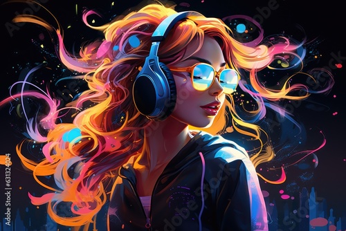 illustration of a girl in headphones with flying hair, in neon style