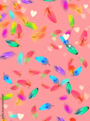 pink background with colorful falling feathers