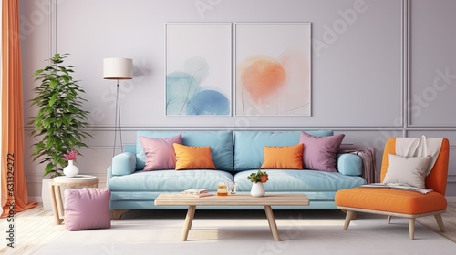 Interior Modern Design of a Living Room with Light Walls and a Colorful Sofa.