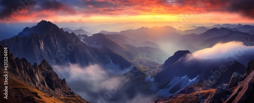 Beautiful panoramic view of a mountain landscape at sunset.