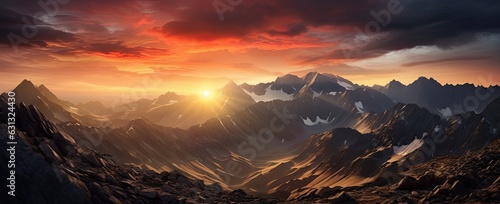 Beautiful panoramic view of a mountain landscape at sunset. © LeitnerR