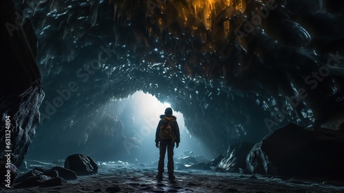 Insane Shot of an Ice Cave with a Guy Exploring the Area.