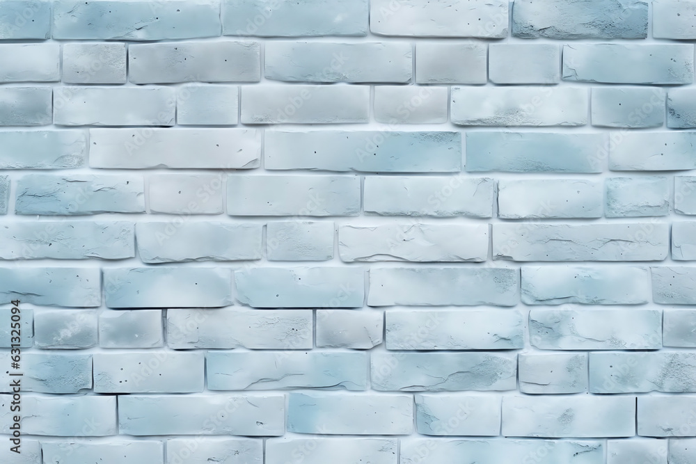 Fototapeta premium Generative AI : Large texture of light blue brick wall, textured surface. Brick background. Pastel blue brick wall. Turquoise painted old wide angle brickwork backdrop. Grainy texture