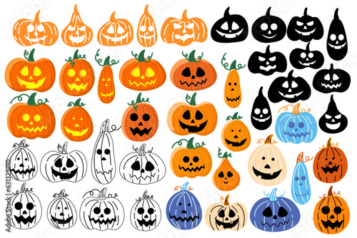 A large set of pumpkins for Halloween in different styles are isolated. Cute pumpkins with different faces and different colors, holiday decorations. Funny horrible pumpkins.