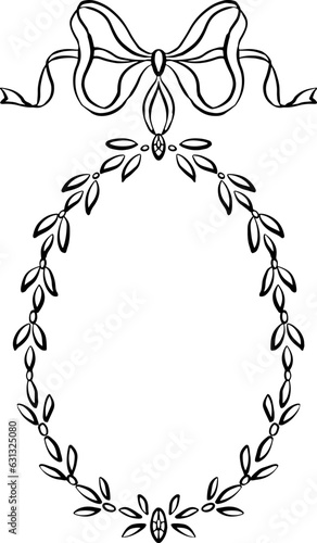 Vintage crest wedding frame. Line art foliage wreath.
