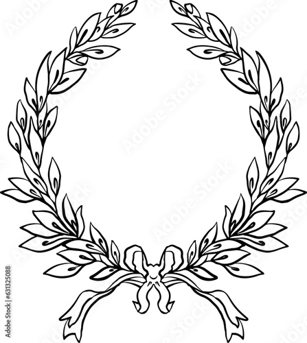 Vintage crest wedding frame. Line art foliage wreath.