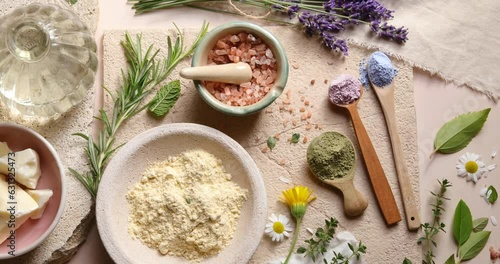 Different natural cosmetic ingredients with fresh herbs photo