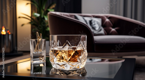 whiskey glass on modern living table generativa IA