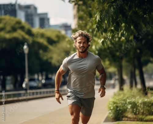 Man running, jogging outside in the park in summer weather. Sport, exercise 