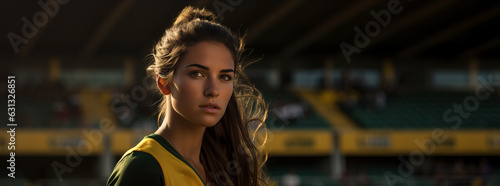 Young woman soccer player wearing in colors vivid soccer uniform. Womens World Cup Football