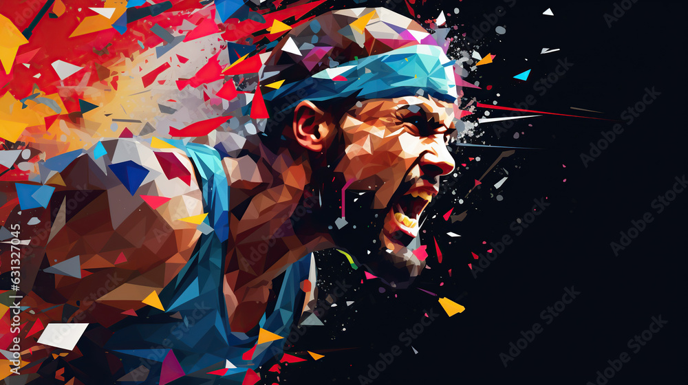 a surreal illustration about sport, vibrant colors, cubism, pixel art.