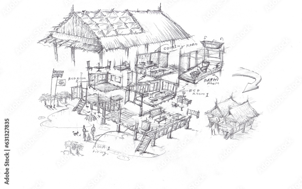 Fototapeta premium Tropical house cutaway drawing by pencil.