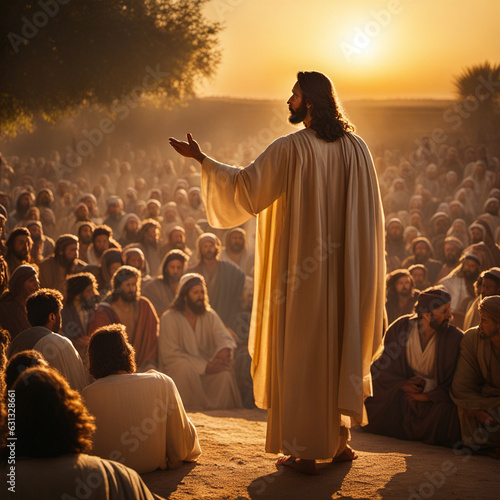 Jesus speaking to crowd at sunset