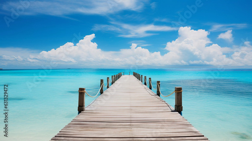 Serene Wooden Pier Beneath a Blue Scattered Cloudy Sky