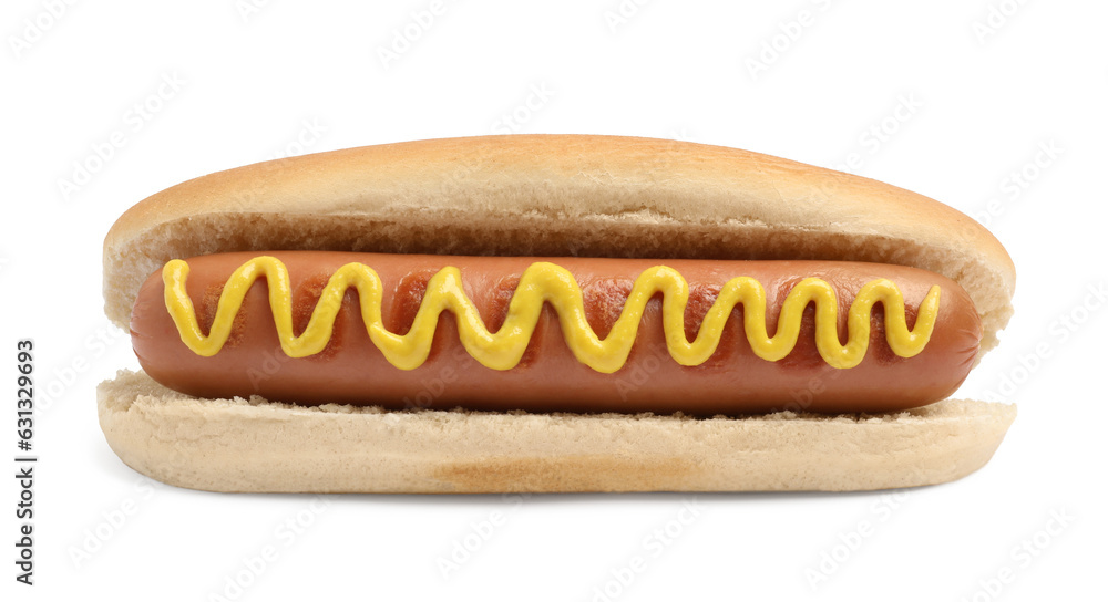 Delicious hot dog with mustard on white background Delicious hot dog with mustard on white background
