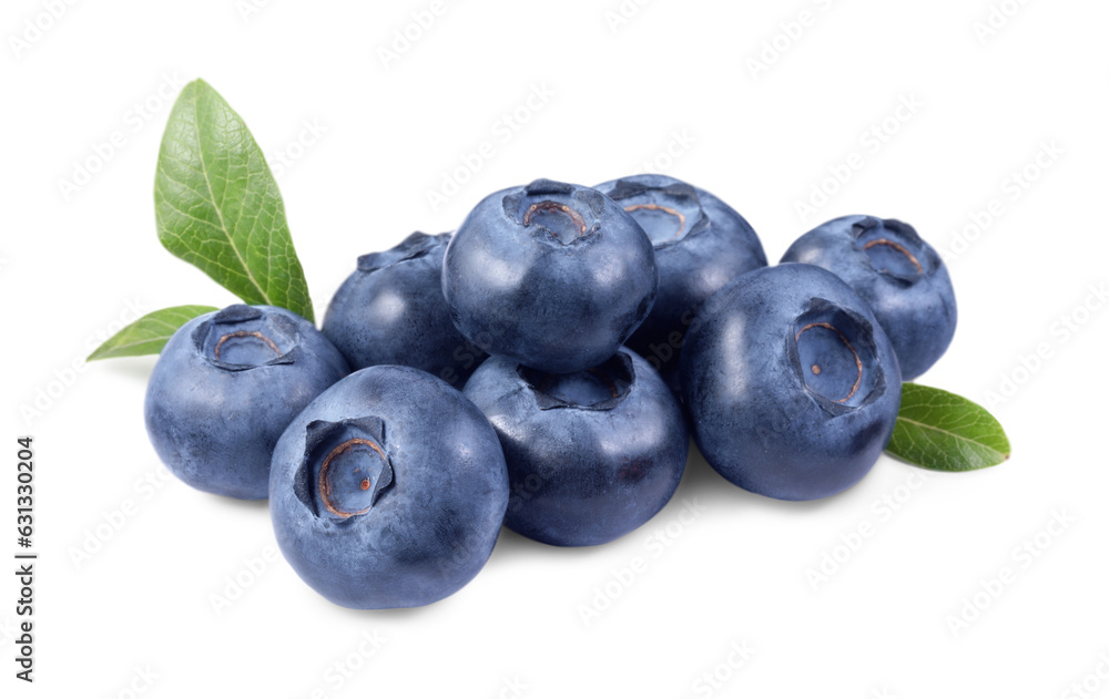 Pile of fresh ripe blueberries and leaves isolated on white Pile of fresh ripe blueberries and leaves isolated on white