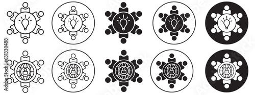 Conference symbol Icon. Business meeting around the round table in corporate company enterprise vector set collection. Flat outlined idea discussion seminar, collaboration of team work together group