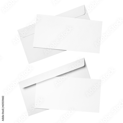Set of white envelopes with blank papers, cut out