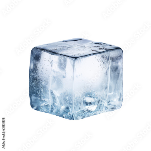 A solitary ice cube photographed in a studio with a transparent backround.