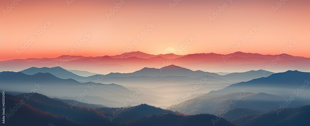 Beautiful panoramic view of a landscape with mountains, hills and a beautiful sky at sunset.
