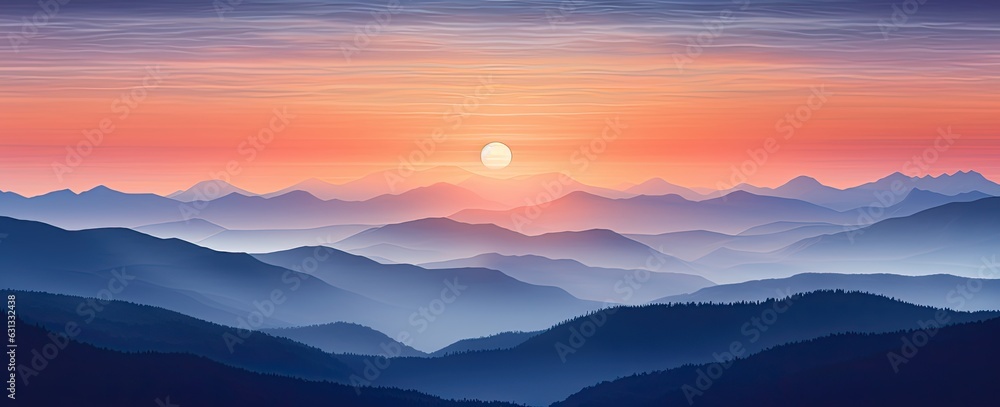 Beautiful panoramic view of a landscape with mountains, hills and a beautiful sky at sunset.