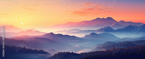Beautiful panoramic view of a landscape with mountains  hills and a beautiful sky at sunset.