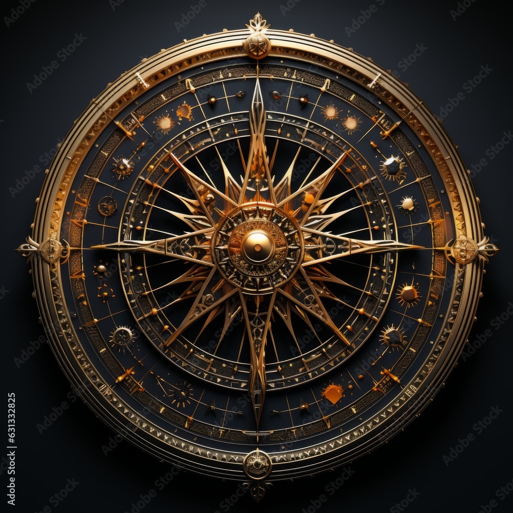 Fototapeta premium A circular gold astrology symbol with dark night background. Generative AI. 