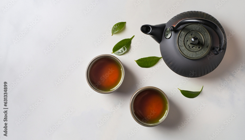 Asian Tea Set - iron teapot and ceramic teacups with green tea and leaves. Traditional tea composition on white background, copy space, top view.