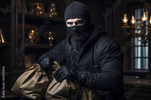 Thief with mask and gloves carrying his loot
