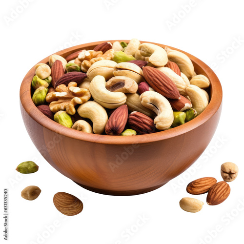 Assorted nuts in a colorful bowl, including pistachios, cashews, walnuts, hazelnuts, peanuts, and brazil nuts.