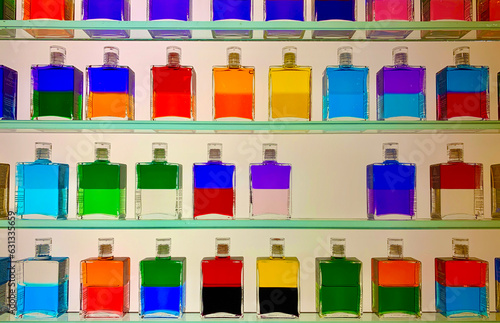 Sortierte, bunte, aufgereihte Aurora Soma Parfümflaschen gefüllt mit je zwei unterschiedlich farbigen Flüssigkeiten die sich in der Mitte trennen vor dem Hintergrund einer leuchtenden Wand © PhotoLoPe